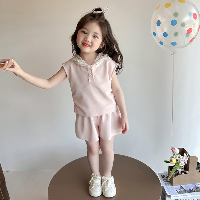 女童夏装无袖套装2025新款儿童连帽背心短裤两件套宝宝夏季衣服