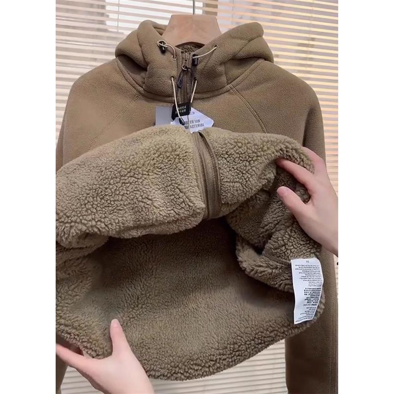 卡其色摇粒绒连帽开衫卫衣男冬季加绒加厚保暖外套户外运动抓绒衣