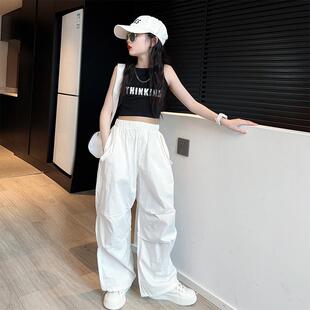 女童裤子夏装薄款2025新款儿童夏季速干裤大童女孩白色工装裤套装