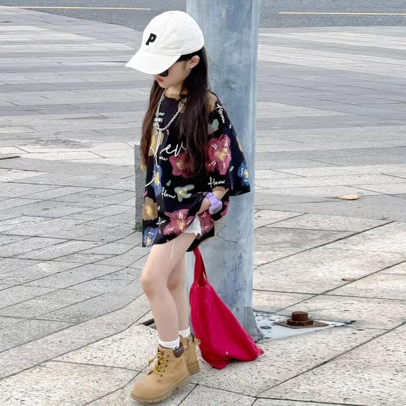 女童短袖t恤夏装2025新款女孩夏季时尚上衣女大童韩版嘻哈宽松长t