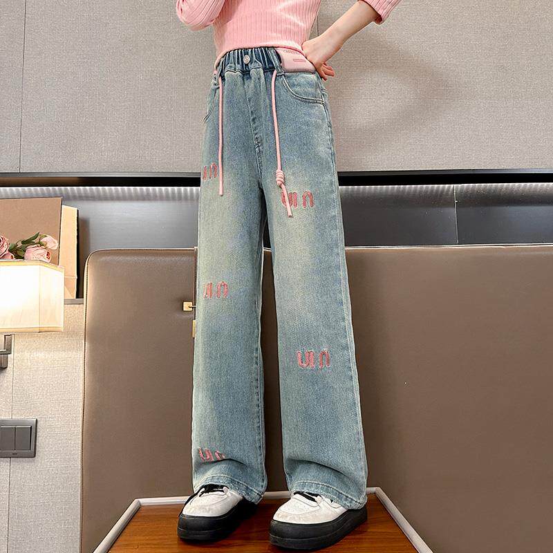 女童牛仔阔腿裤春秋款2025新款洋气女孩春款宽松直筒大童春装裤子