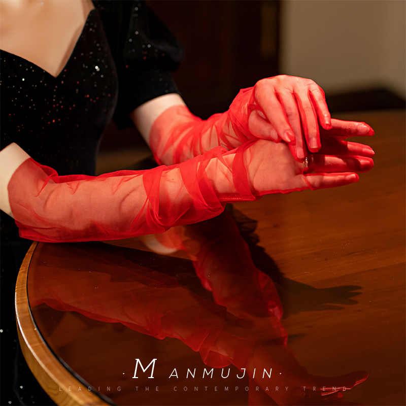 红色手套新娘结婚晨袍造型写真礼服轻纱旅拍照配饰薄网纱长款手套