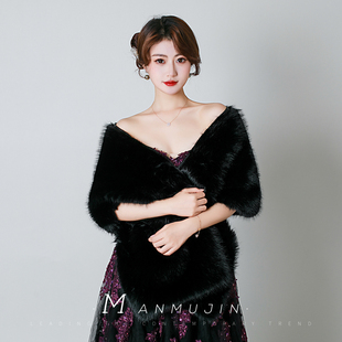 黑色披肩新娘礼服旗袍裙冬季外搭保暖斗篷坎肩造型写真拍照毛披风