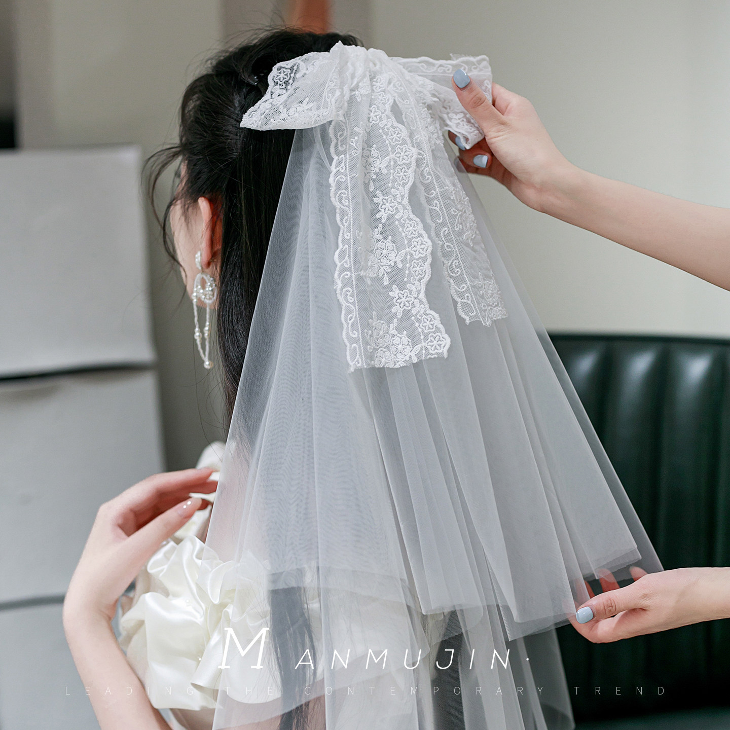领证拍照求婚头饰蕾丝蝴蝶结头纱