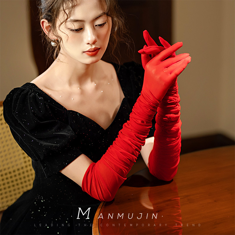 时尚打褶红色手套新娘结婚礼造型写真宴会礼服旅拍照配饰长款手套