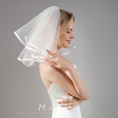 森系简约俏皮可爱缎边双层小头纱新娘登记领证头饰求婚旅拍照道具