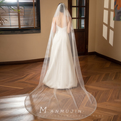 精致重工手作珍珠单层长款 头纱新娘结婚主婚纱头饰教堂式 拖尾头纱