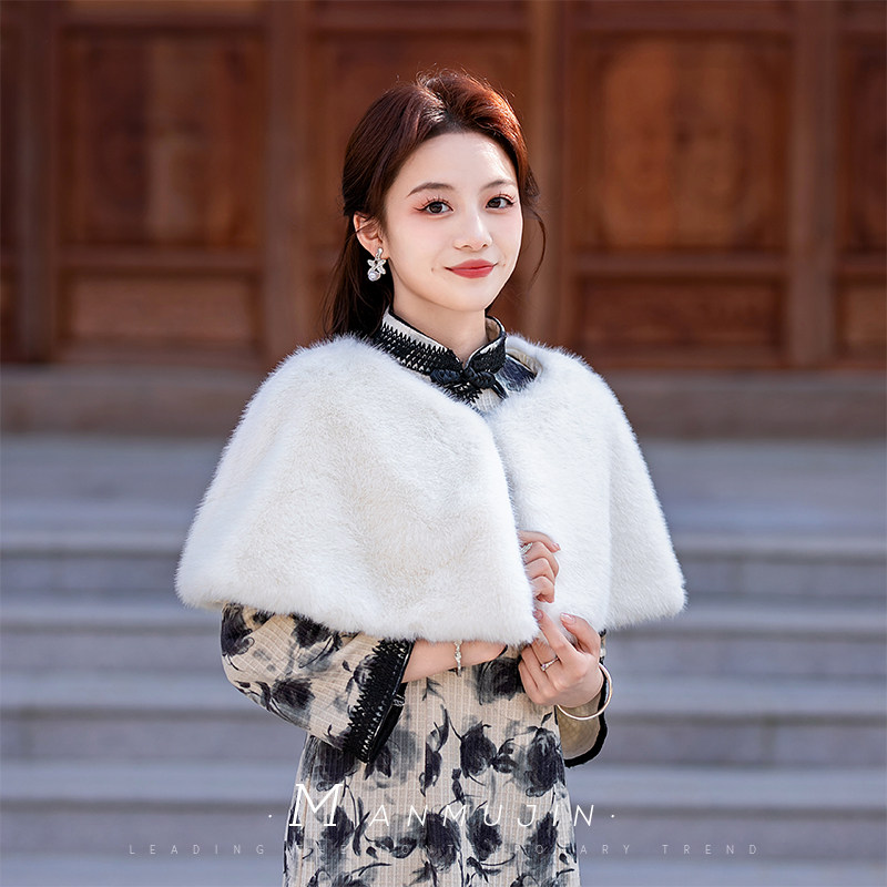 名媛小香风旗袍披肩秋冬保暖斗篷披风礼仪迎宾宴会礼服外搭毛披肩