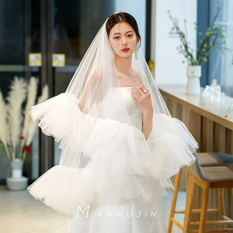 新娘结婚拍照头饰荷叶边头纱影楼婚纱摄影外景凹造型旅拍单层头纱