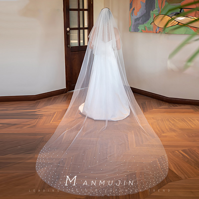 曼慕锦《满天星》双层长款拖尾珍珠头纱新娘结婚礼造型主婚纱头饰