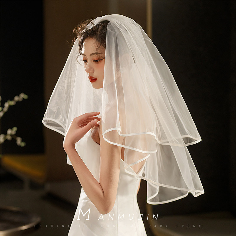 曼慕锦 《60cm-80cm》新娘结婚领证拍照头饰简约双层缎布包边头纱
