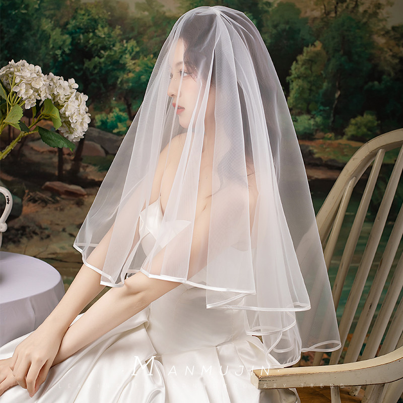 法式简约精致高级感缎边头纱可遮面双层头纱拍照新娘结婚领证头饰