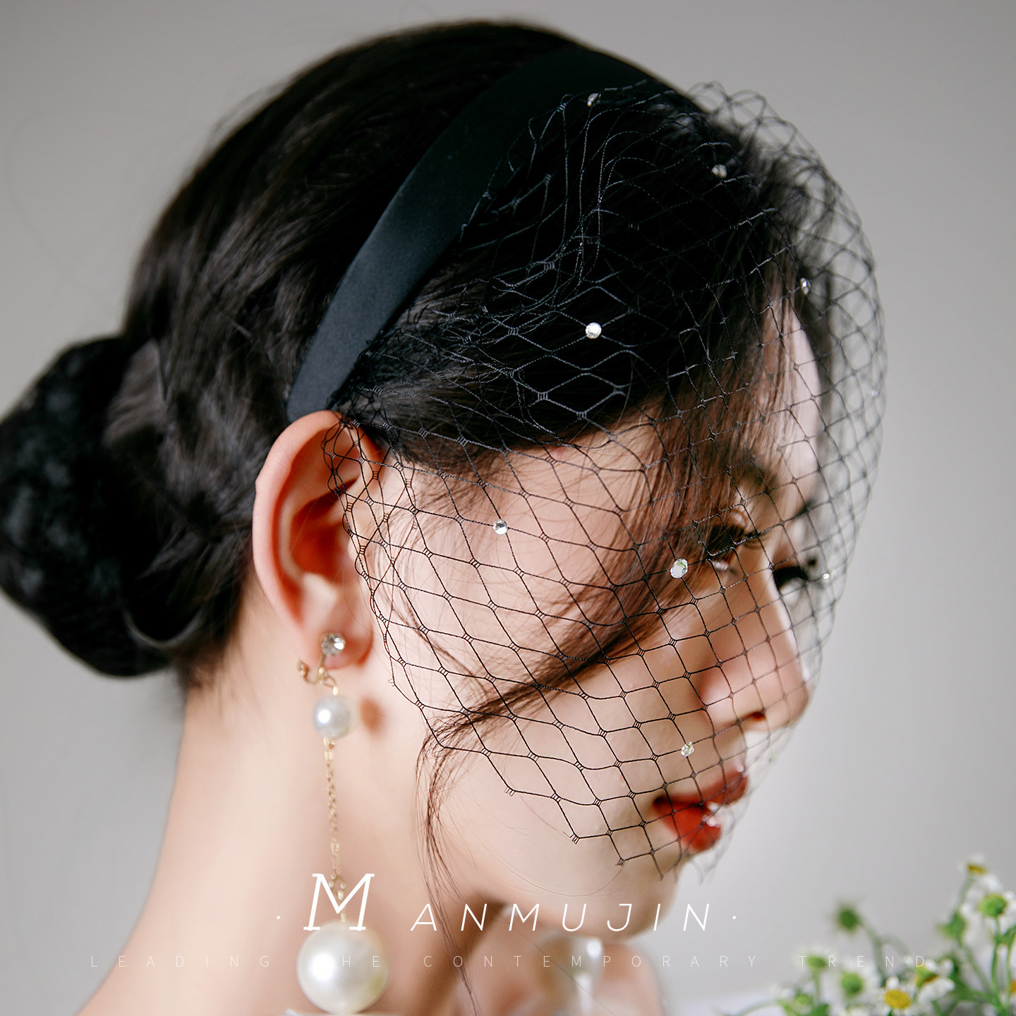 郝本风黑色发箍网格面纱造型写真拍照头饰暗黑系新娘妆造遮面头纱