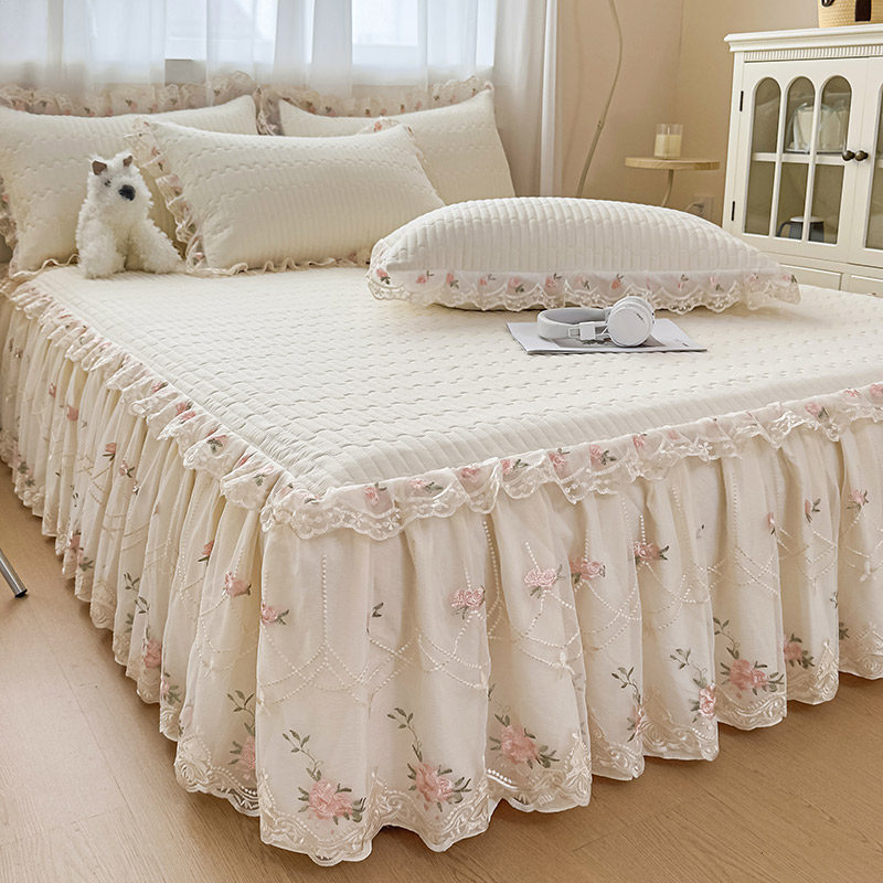 法式少女心全棉夹棉床裙三件套纯棉刺绣蕾丝花边床罩单件加厚床单