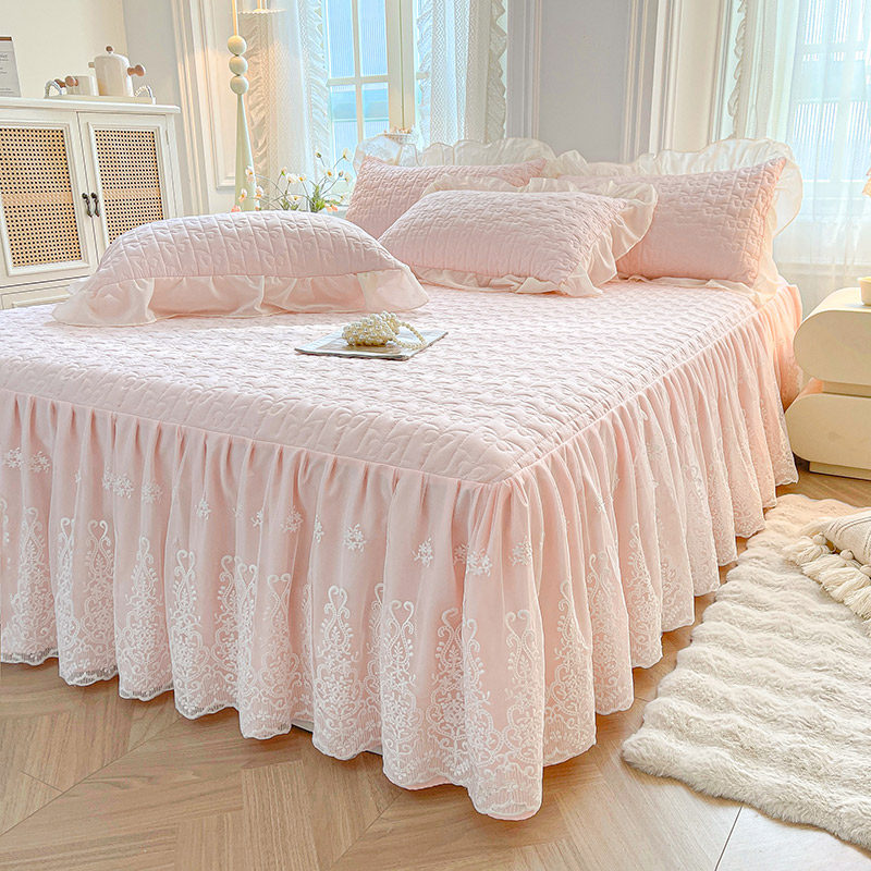 A类全棉蕾丝花边夹棉床裙三件套单件床单韩版公主风床垫保护床罩