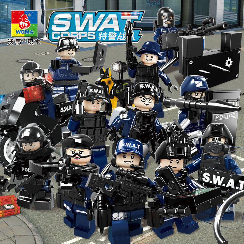 沃马新款积木拼装儿童男孩益智力玩具特警人仔战队警察公仔