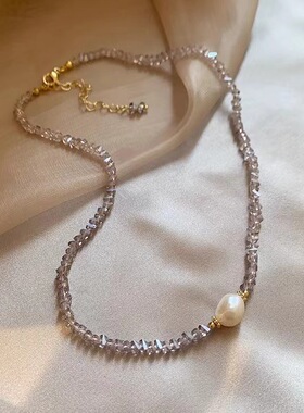 浅紫色水晶巴洛克淡水珍珠项链女韩版时尚气质网红夏季串珠锁骨链