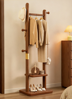 不占空间的挂衣架落地卧室小型实木衣帽架新款房间晚上放衣服神器