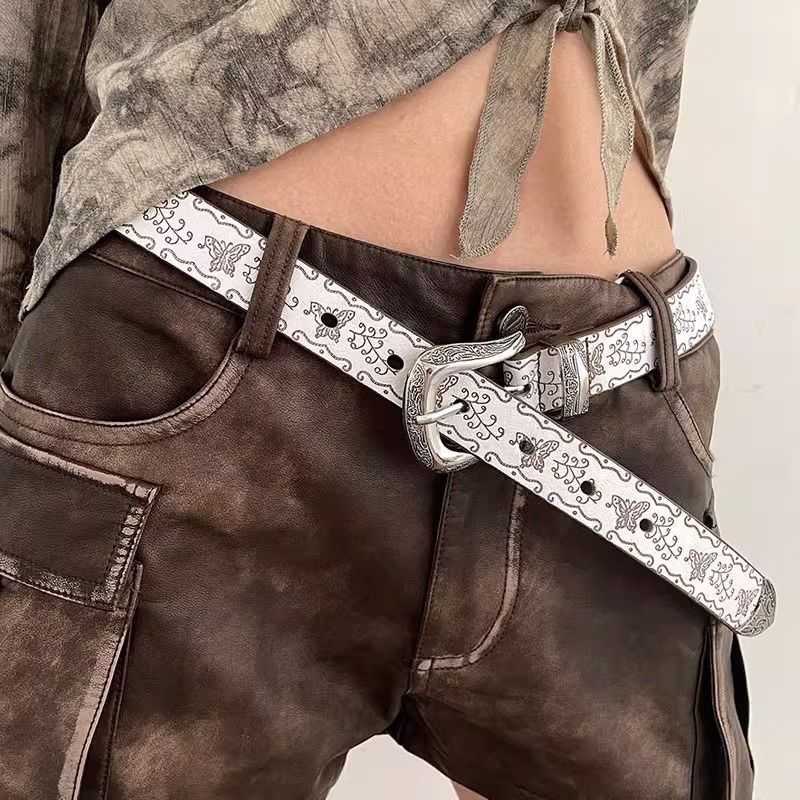 美式印花复古新款蝴蝶旧百搭皮带