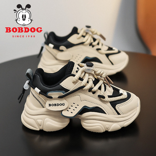 巴布豆儿童运动鞋秋冬2025新款中大童皮面防水百搭爆款男童老爹鞋