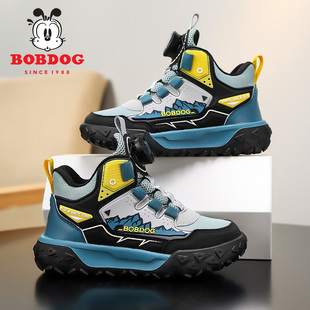 巴布豆儿童户外运动鞋秋冬2025新款小男孩皮面防水男童高帮登山鞋
