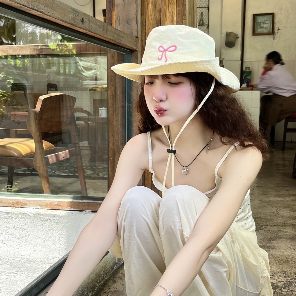 韩系美女同款蝴蝶结刺绣登山帽女春夏显脸小百搭素颜帽防晒盆帽潮