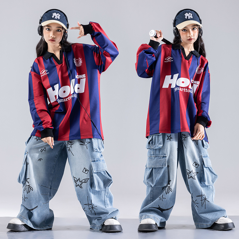 街舞儿童潮服hiphop童装男童嘻哈宽松条纹潮牌套装架子鼓演出服女
