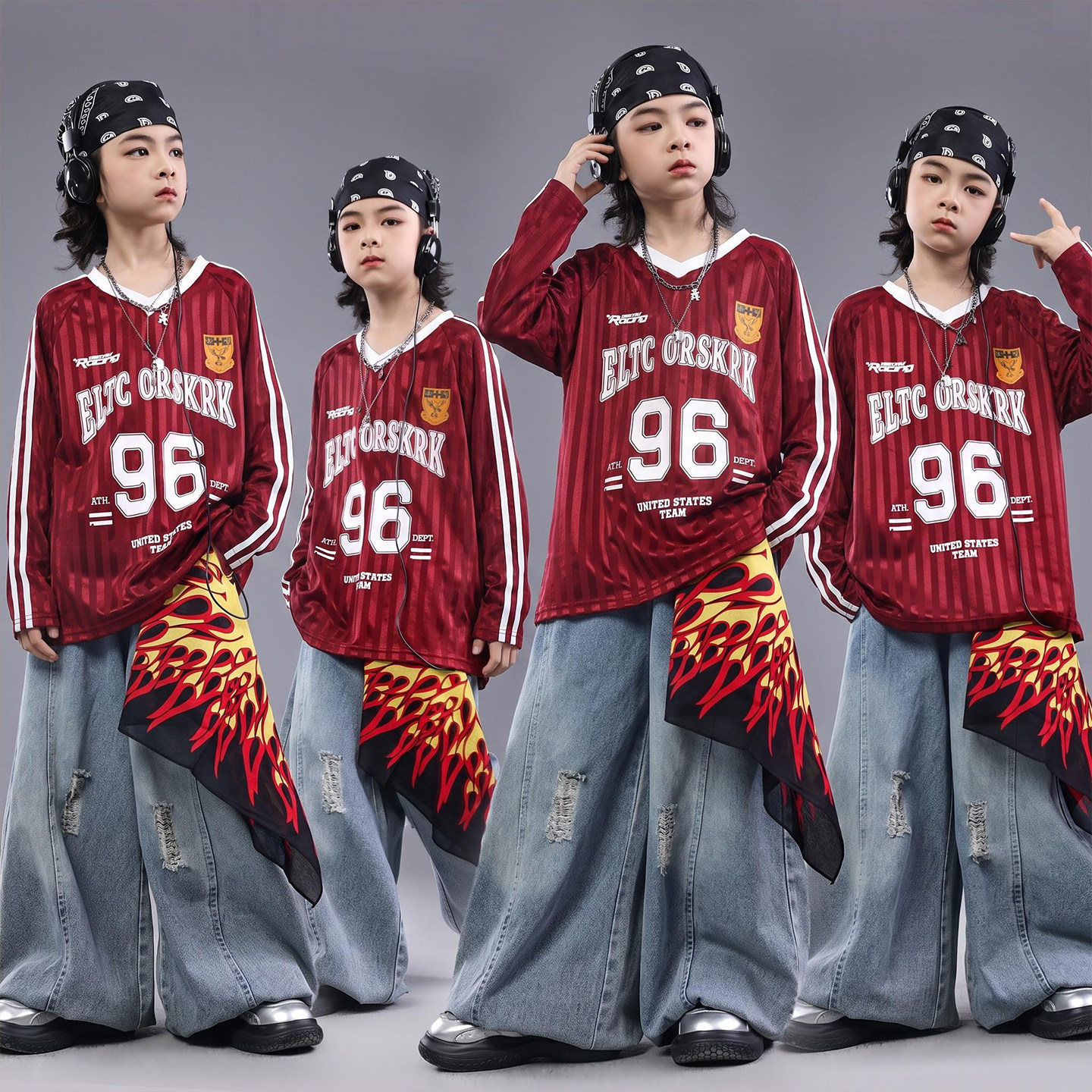 街舞儿童潮服少儿服装hiphop童装架子鼓演出服男童红色宽松套装酷