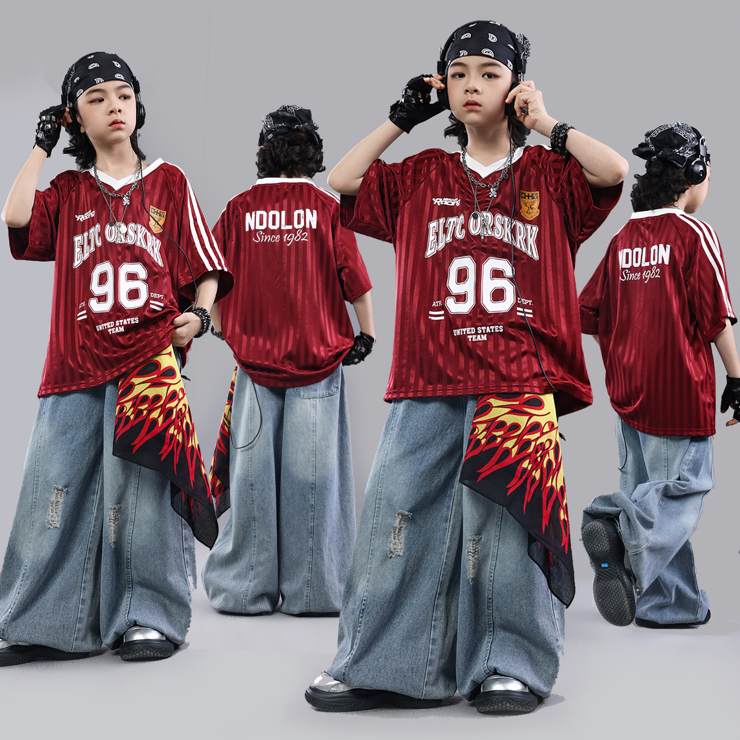 街舞儿童潮服少儿服装hiphop童装架子鼓演出服男童红色宽松套装酷