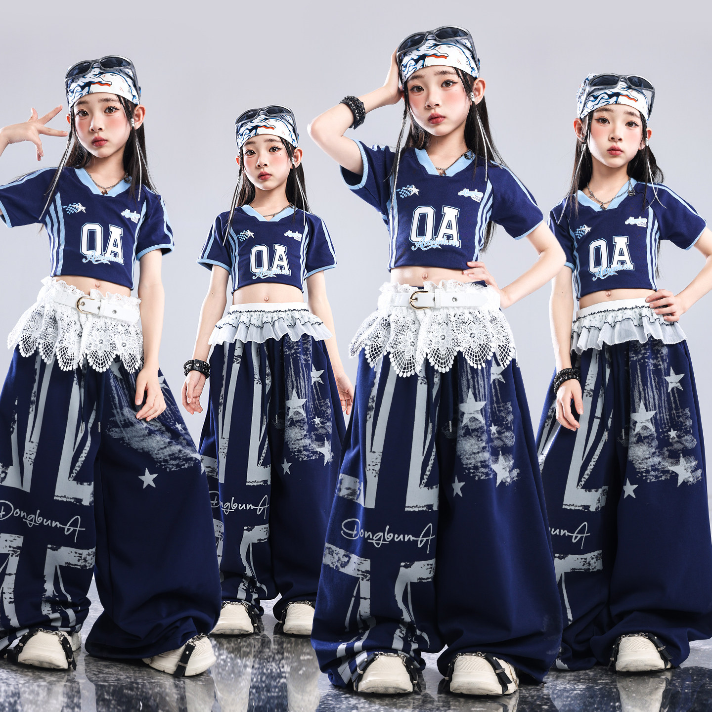 爵士舞服装女童潮酷时髦少儿演出服蓝色女孩jazz套装儿童走秀潮服图片