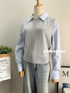 长袖 圆领针织马甲女拼接假两件衬衫 上衣 新款 本巷衣涩2026年春季