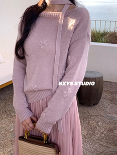 本巷衣涩2026早春新款立体花朵飘带套装重工绣花毛衣半身裙套装女