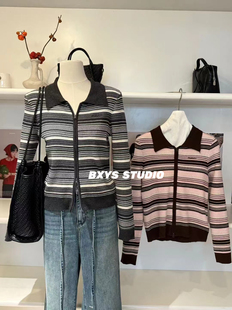 本巷衣涩2025年秋新款 上衣女小个子彩条毛衣 翻领条纹针织拉链开衫