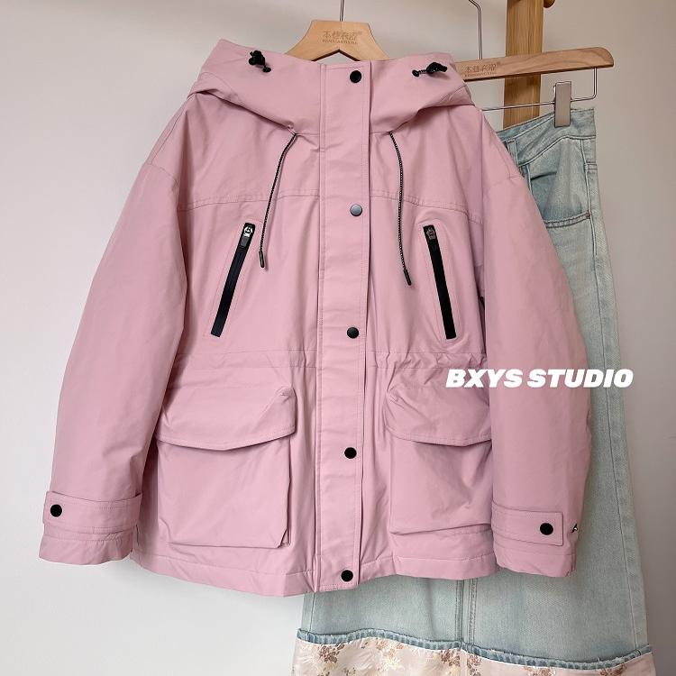 本巷衣涩冬季小众设计感抽绳收腰鹅绒服冲锋衣连帽羽绒服外套女