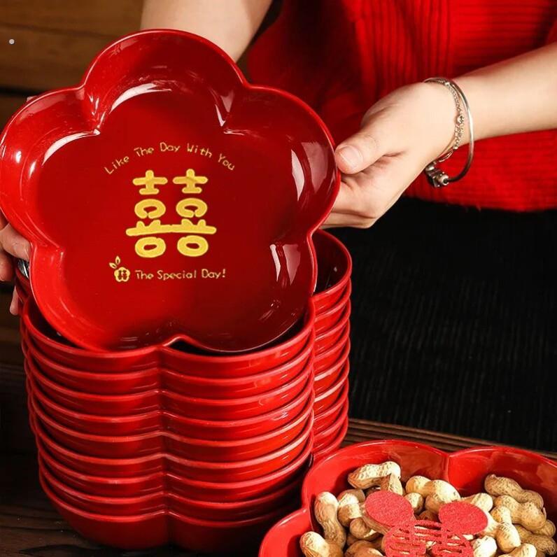 婚庆果盘家用干果盘子结婚盘红色塑料喜糖瓜子中式婚礼用茶盘喜事