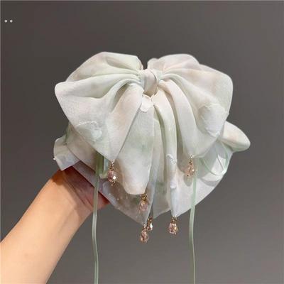 2025新款法式甜美印花网纱大蝴蝶结马尾抓夹半扎发发夹头饰发饰女