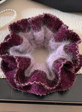 韩国暗紫色毛线针织双层大肠发圈女气质丸子头超大号发圈头饰秋冬