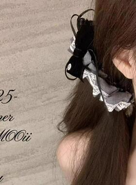 法式格蕾系灰色丝绒蝴蝶结蕾丝香蕉夹后脑勺盘发抓夹发饰温柔竖夹