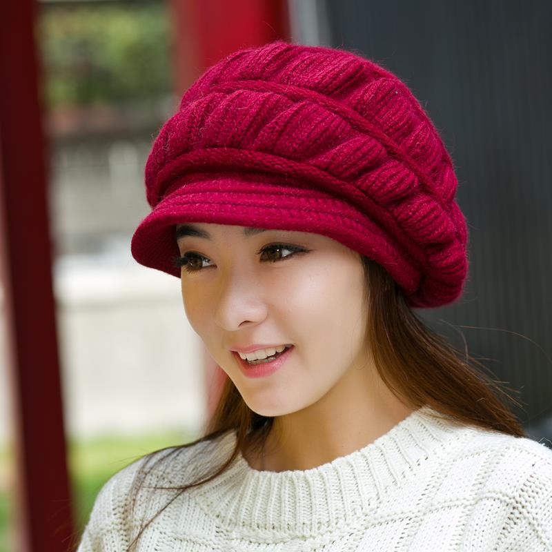 女士韩版新款秋冬天针织鸭舌贝雷帽子毛线帽兔毛帽潮冬季韩国保暖