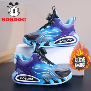 巴布豆男童棉鞋2025秋冬季新款皮面防水加绒儿童运动鞋男童跑步鞋