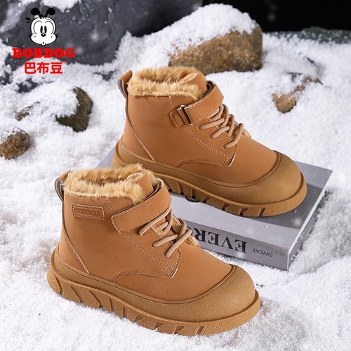 巴布豆童鞋男童棉靴2025秋冬季新款皮面加绒棉鞋小学生儿童马丁靴