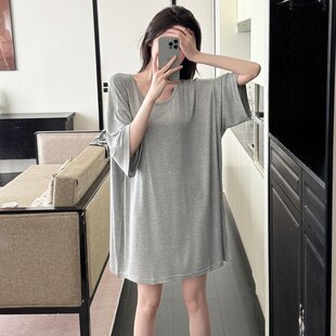 简约纯色中长款 网红莫代尔特大码 短袖 睡衣夏季 睡裙家居服 宽松女款