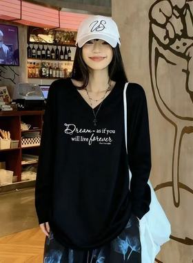 2026新款德绒大码长袖春秋冬季女生打底衫V领宽松韩版气质T恤上衣