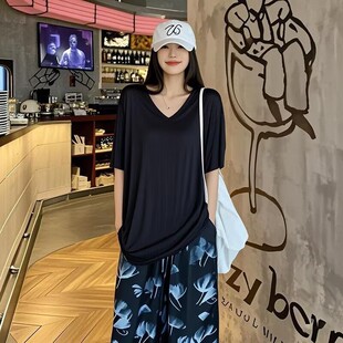 薄款 2026新款 女生宽松棉麻半袖 t恤300斤大码 上衣 黑色冰丝V领短袖
