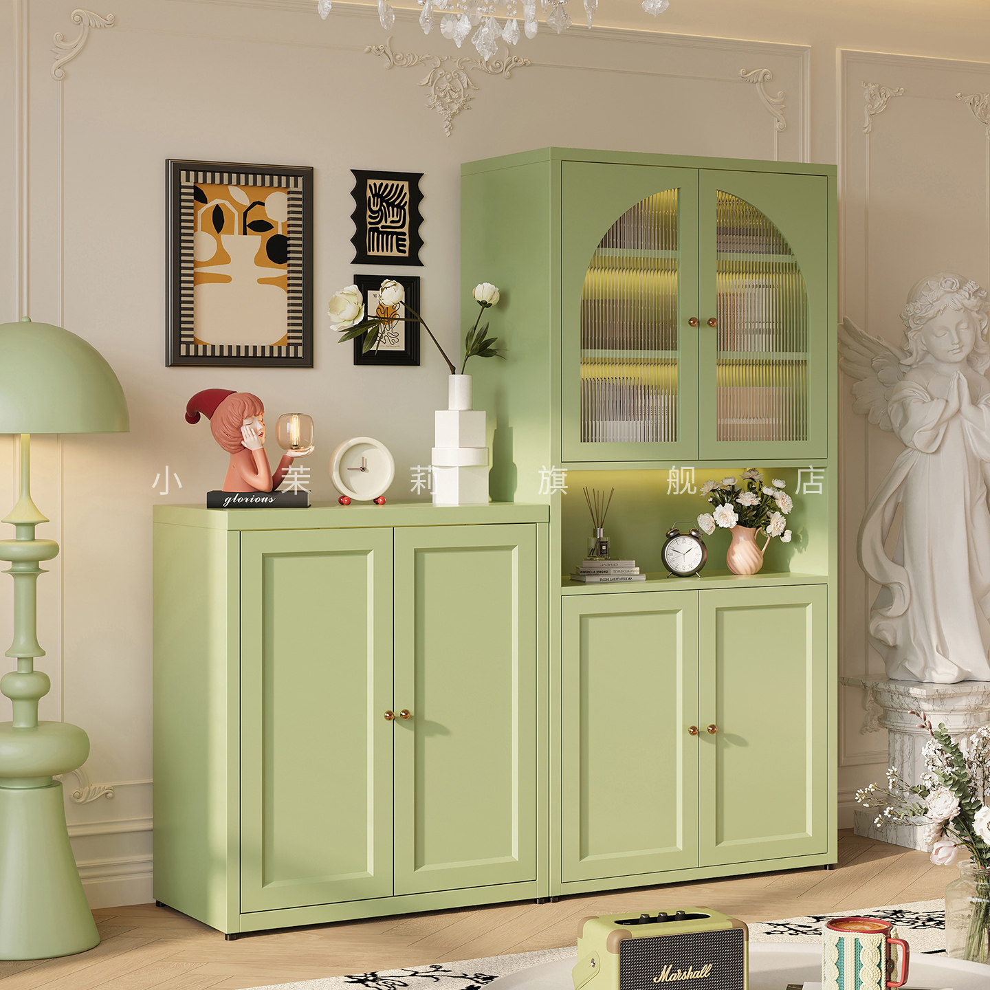 网红2米高书柜长虹玻璃现代简约法式奶油风书架客厅展示柜储物柜