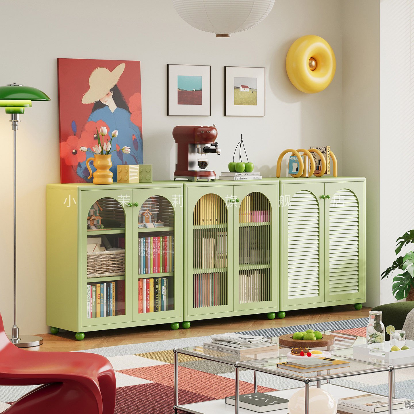 青年钢制书柜家居长虹玻璃带门一体成品小矮柜加厚铁艺书架展示柜