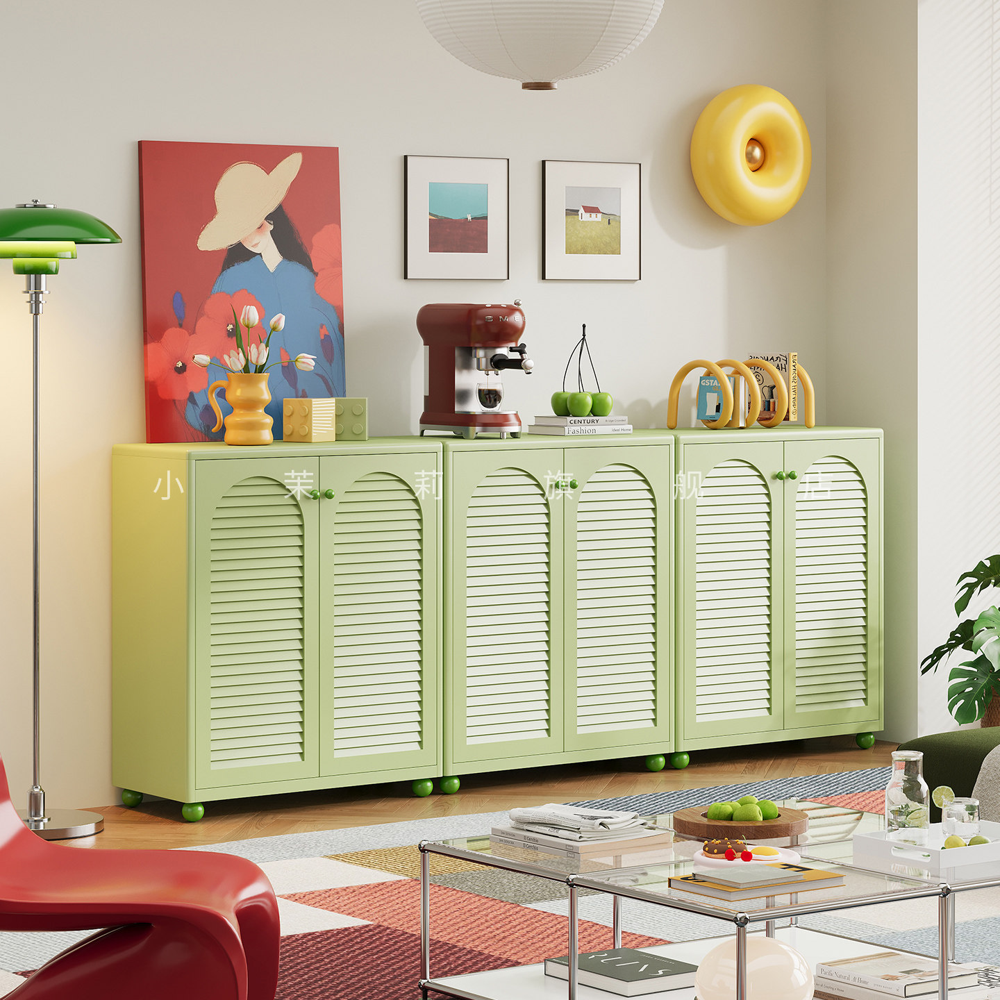 电视墙书柜中古风家用客厅多功能小型带门书架展示柜铁皮柜储物柜