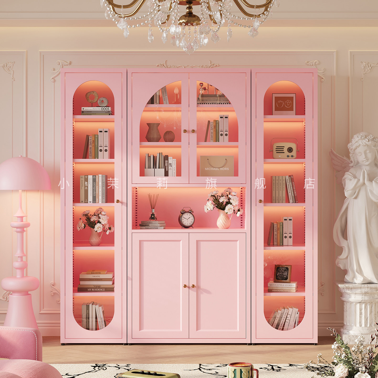 法式钢制2米高书柜简约家用客厅玻璃带门防尘展示柜儿童书房书架