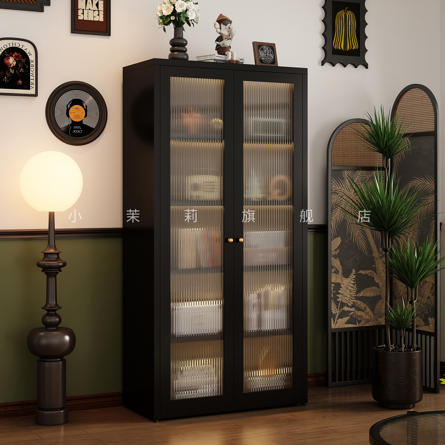 新款书柜家用书架置物架落地靠墙展示柜法式复古风玻璃收纳储物柜