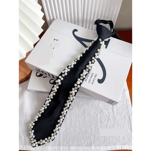 原创小众设计珍珠水钻领带女衬衫新款黑色JK女孩法式复古装饰免打